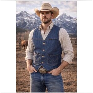 Wrangler Mens Blue Denim Western Vest Authentic Jacket 1074130PW Large NWT